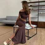 Women’s Off-Shoulder Ruched Maxi Skirt Set – Elegant Two Piece Co-Ord Outfit-Two piece sets-CAMOUFIT-Brown-S-Sienarae