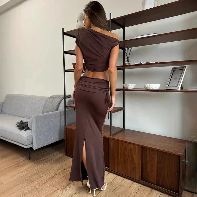 Women’s Off-Shoulder Ruched Maxi Skirt Set – Elegant Two Piece Co-Ord Outfit-Two piece sets-CAMOUFIT-Brown-S-Sienarae