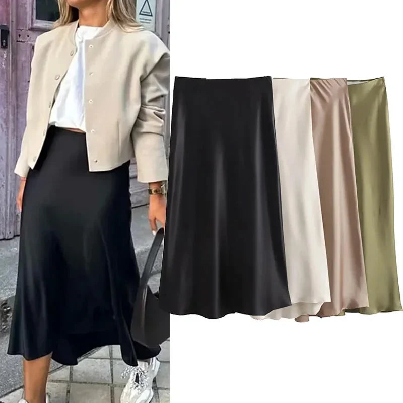 Women’s Khaki Satin Midi Skirt – Elegant High Waist Silk-Look Slip Skirt-Skirts-CAMOUFIT-Khaki-XS-Sienarae