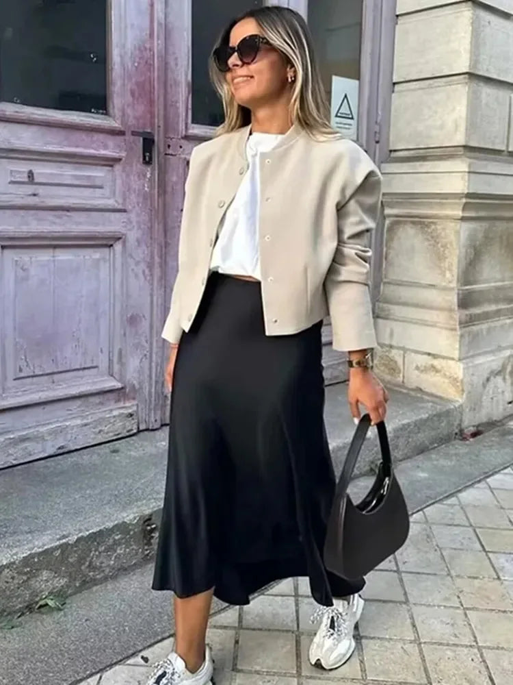 Women’s Khaki Satin Midi Skirt – Elegant High Waist Silk-Look Slip Skirt-Skirts-CAMOUFIT-Khaki-XS-Sienarae