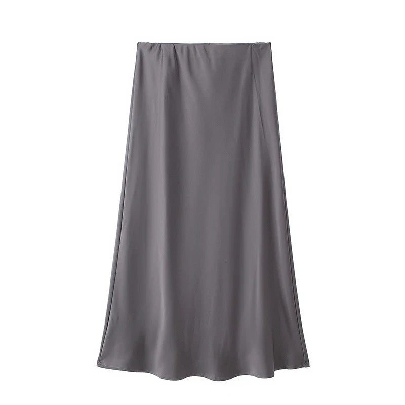 Women’s Khaki Satin Midi Skirt – Elegant High Waist Silk-Look Slip Skirt-Skirts-CAMOUFIT-Khaki-XS-Sienarae