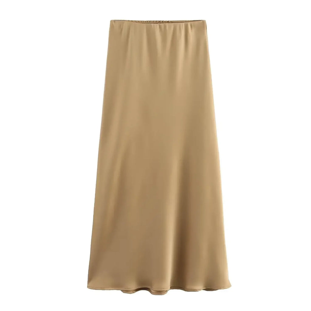 Women’s Khaki Satin Midi Skirt – Elegant High Waist Silk-Look Slip Skirt-Skirts-CAMOUFIT-Khaki-XS-Sienarae