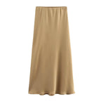 Women’s Khaki Satin Midi Skirt – Elegant High Waist Silk-Look Slip Skirt-Skirts-CAMOUFIT-Khaki-XS-Sienarae