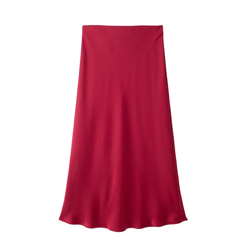 Women’s Khaki Satin Midi Skirt – Elegant High Waist Silk-Look Slip Skirt-Skirts-CAMOUFIT-Khaki-XS-Sienarae
