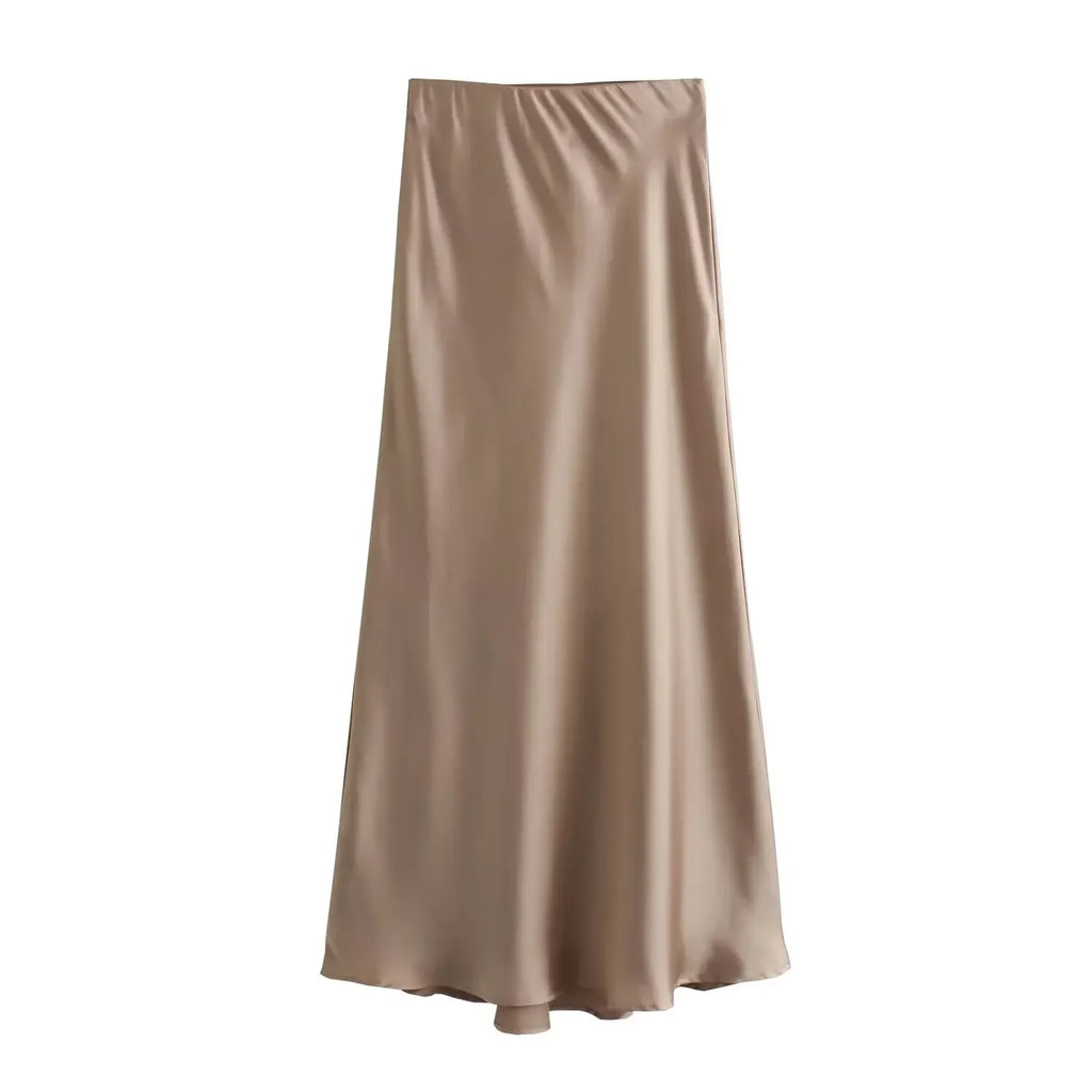 Women’s Khaki Satin Midi Skirt – Elegant High Waist Silk-Look Slip Skirt-Skirts-CAMOUFIT-Khaki-XS-Sienarae