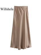 Women’s Khaki Satin Midi Skirt – Elegant High Waist Silk-Look Slip Skirt-Skirts-CAMOUFIT-Khaki-XS-Sienarae