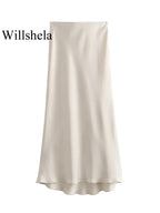 Women’s Khaki Satin Midi Skirt – Elegant High Waist Silk-Look Slip Skirt-Skirts-CAMOUFIT-Khaki-XS-Sienarae