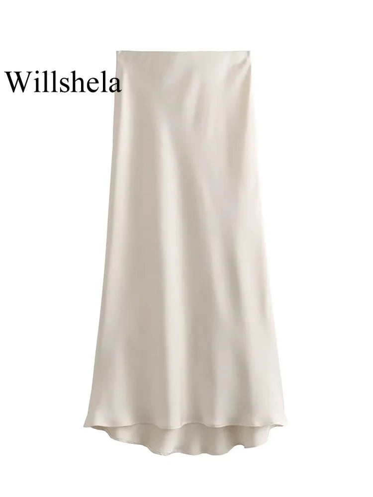 Women’s Khaki Satin Midi Skirt – Elegant High Waist Silk-Look Slip Skirt-Skirts-CAMOUFIT-Khaki-XS-Sienarae