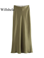 Women’s Khaki Satin Midi Skirt – Elegant High Waist Silk-Look Slip Skirt-Skirts-CAMOUFIT-Khaki-XS-Sienarae