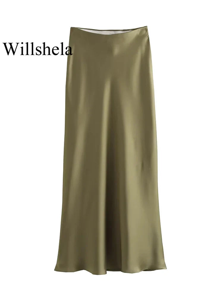 Women’s Khaki Satin Midi Skirt – Elegant High Waist Silk-Look Slip Skirt-Skirts-CAMOUFIT-Khaki-XS-Sienarae