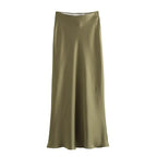 Women’s Khaki Satin Midi Skirt – Elegant High Waist Silk-Look Slip Skirt-Skirts-CAMOUFIT-Khaki-XS-Sienarae