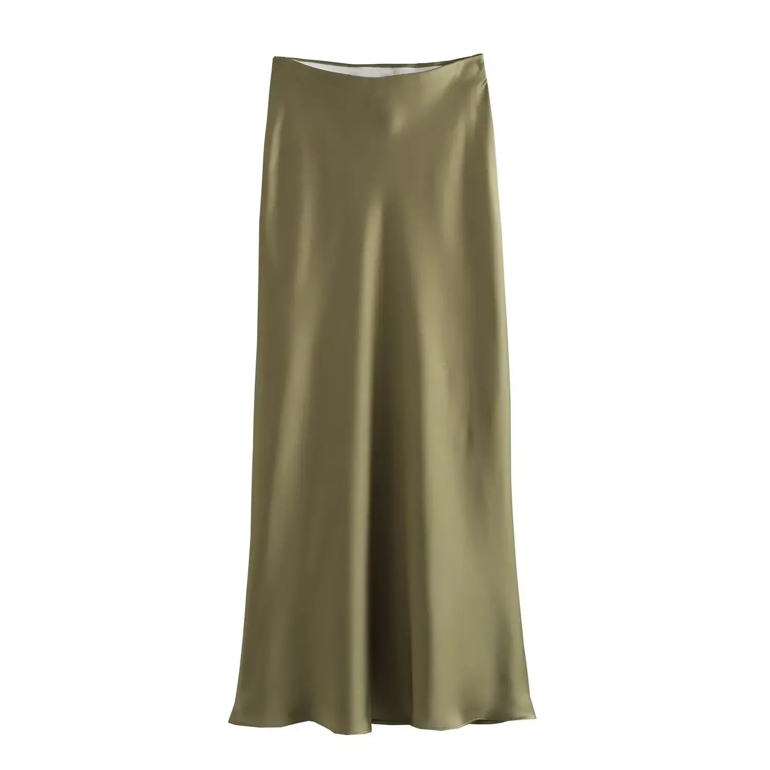 Women’s Khaki Satin Midi Skirt – Elegant High Waist Silk-Look Slip Skirt-Skirts-CAMOUFIT-Khaki-XS-Sienarae