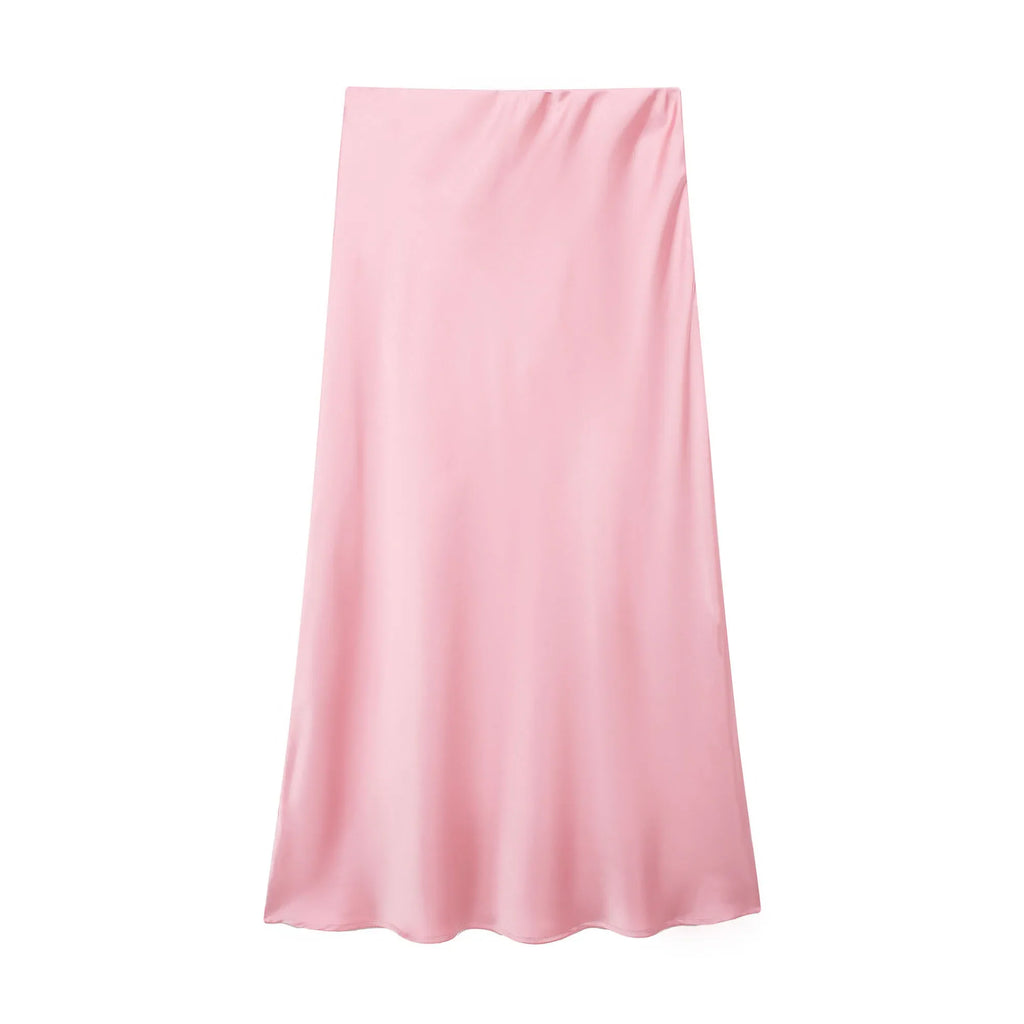 Women’s Khaki Satin Midi Skirt – Elegant High Waist Silk-Look Slip Skirt-Skirts-CAMOUFIT-Khaki-XS-Sienarae