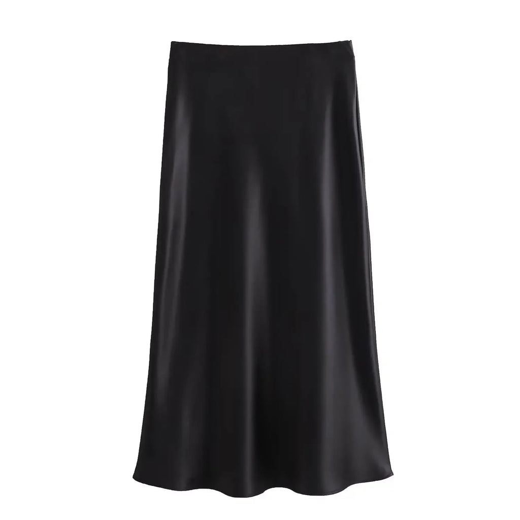 Women’s Khaki Satin Midi Skirt – Elegant High Waist Silk-Look Slip Skirt-Skirts-CAMOUFIT-Khaki-XS-Sienarae