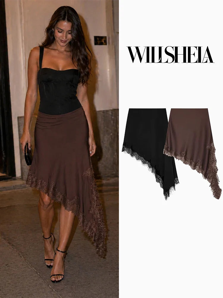 Women’s Lace Trim Mini Skirt – Asymmetrical High-Waist Skirt-Skirts-CAMOUFIT-Brown-XS-Sienarae