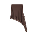 Women’s Lace Trim Mini Skirt – Asymmetrical High-Waist Skirt-Skirts-CAMOUFIT-Brown-XS-Sienarae