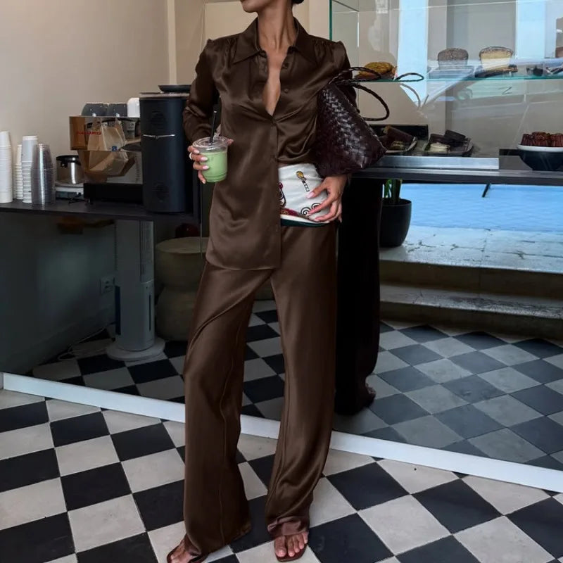 Women’s Satin Two-Piece Set – Button Shirt & Wide-Leg Trousers-Two piece sets-CAMOUFIT-Brown-S-Sienarae