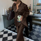 Women’s Satin Two-Piece Set – Button Shirt & Wide-Leg Trousers-Two piece sets-CAMOUFIT-Brown-S-Sienarae