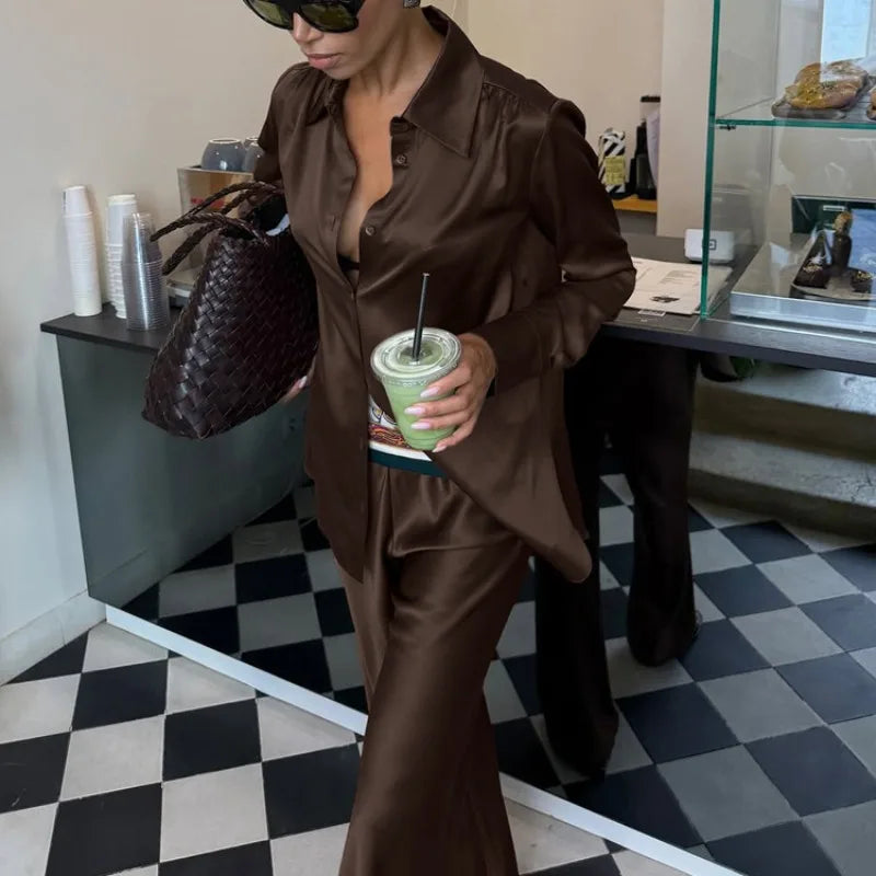 Women’s Satin Two-Piece Set – Button Shirt & Wide-Leg Trousers-Two piece sets-CAMOUFIT-Brown-S-Sienarae