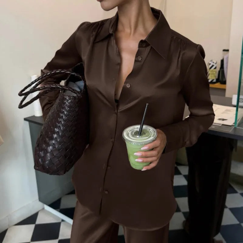 Women’s Satin Two-Piece Set – Button Shirt & Wide-Leg Trousers-Two piece sets-CAMOUFIT-Brown-S-Sienarae