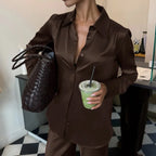 Women’s Satin Two-Piece Set – Button Shirt & Wide-Leg Trousers-Two piece sets-CAMOUFIT-Brown-S-Sienarae
