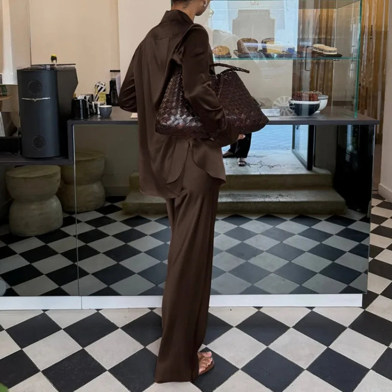 Women’s Satin Two-Piece Set – Button Shirt & Wide-Leg Trousers-Two piece sets-CAMOUFIT-Brown-S-Sienarae