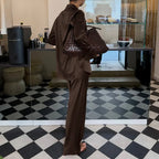 Women’s Satin Two-Piece Set – Button Shirt & Wide-Leg Trousers-Two piece sets-CAMOUFIT-Brown-S-Sienarae