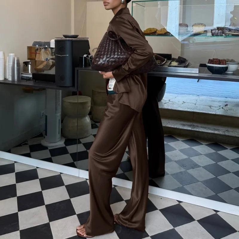 Women’s Satin Two-Piece Set – Button Shirt & Wide-Leg Trousers-Two piece sets-CAMOUFIT-Brown-S-Sienarae