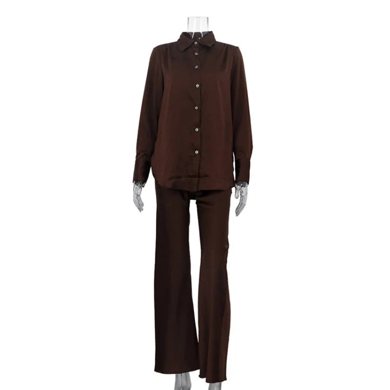 Women’s Satin Two-Piece Set – Button Shirt & Wide-Leg Trousers-Two piece sets-CAMOUFIT-Brown-S-Sienarae