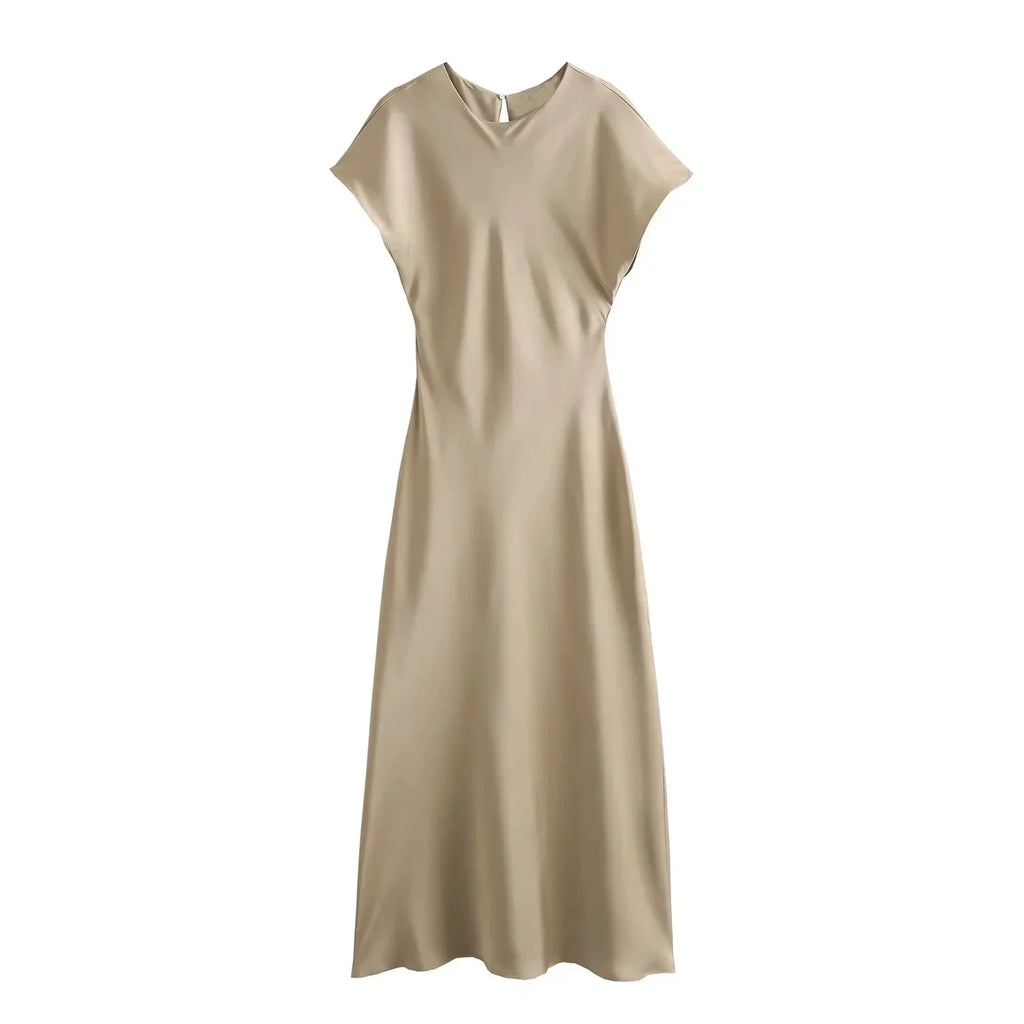 Women’s Satin Maxi Dress – Elegant Sleeveless Evening Dress-Dresses-CAMOUFIT-Khaki-XS-Sienarae