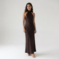 Women's Satin Halter Maxi Dress – Elegant Sleeveless Evening Dress-Dresses-SIENARAE-Dark Brown-XS-Sienarae