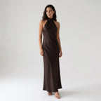 Women's Satin Halter Maxi Dress – Elegant Sleeveless Evening Dress-Dresses-CAMOUFIT-Dark Brown-XS-Sienarae