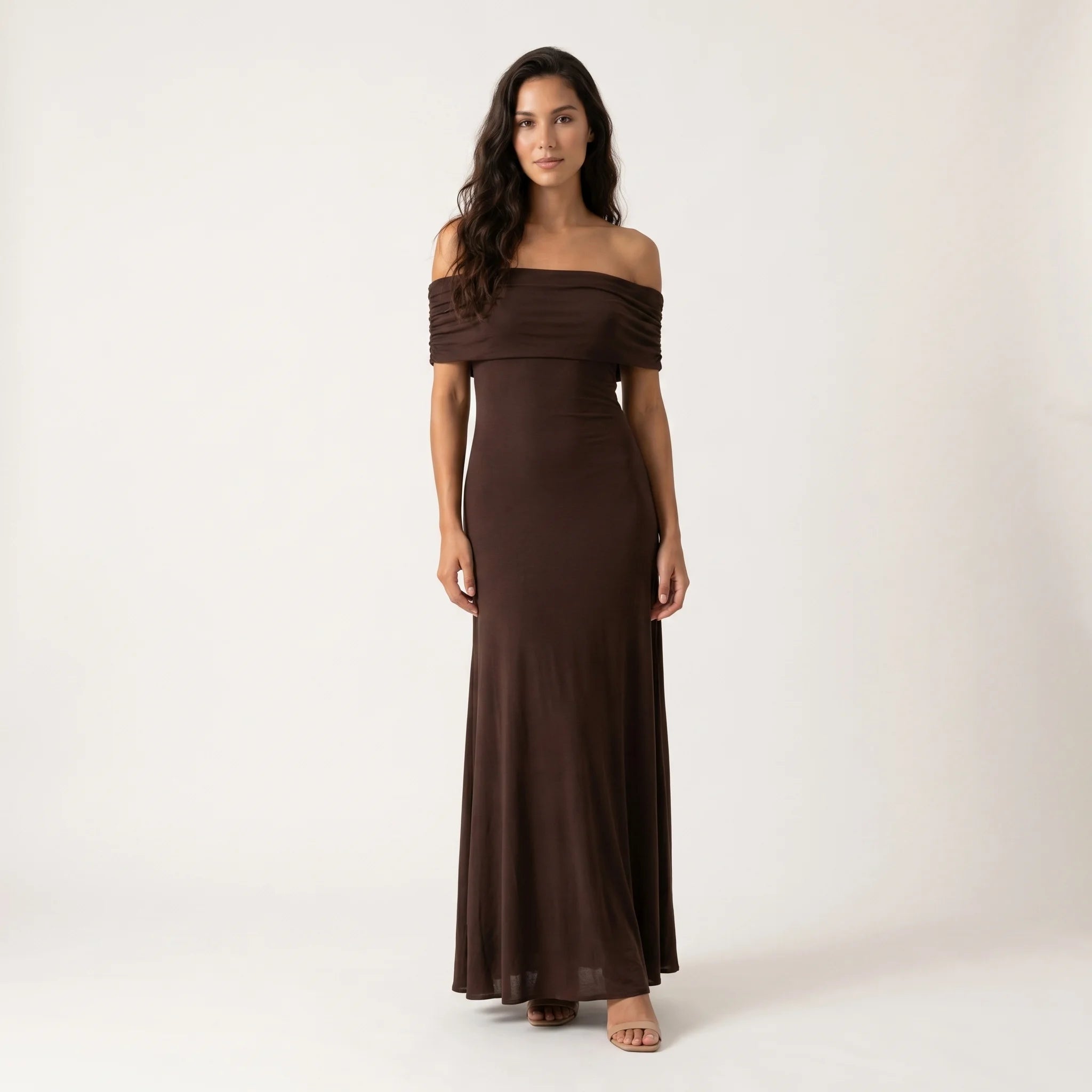 Women’s Off-Shoulder Maxi Dress – Elegant Pleated Evening Dress-Dresses-CAMOUFIT-Dark Brown-S-Sienarae