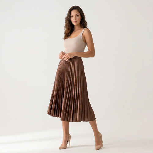 Women’s Chocolate Brown Pleated Midi Skirt – Elegant High Waist Flowing Skirt-Skirts-CAMOUFIT-Brown-XS-Sienarae