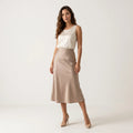 Women’s Khaki Satin Midi Skirt – Elegant High Waist Silk-Look Slip Skirt-Skirts-SIENARAE-Khaki-XS-Sienarae