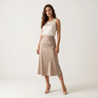 Women’s Khaki Satin Midi Skirt – Elegant High Waist Silk-Look Slip Skirt-Skirts-CAMOUFIT-Khaki-XS-Sienarae