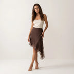 Women’s Lace Trim Mini Skirt – Asymmetrical High-Waist Skirt-Skirts-CAMOUFIT-Brown-XS-Sienarae