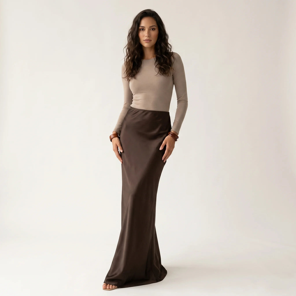 Women’s Chocolate Satin Maxi Skirt – Elegant High Waist Floor-Length Skirt-Skirts-CAMOUFIT-Brown-S-Sienarae