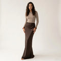 Women’s Chocolate Satin Maxi Skirt – Elegant High Waist Floor-Length Skirt-Skirts-SIENARAE-Brown-S-Sienarae