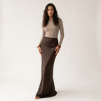 Women’s Chocolate Satin Maxi Skirt – Elegant High Waist Floor-Length Skirt-Skirts-CAMOUFIT-Brown-S-Sienarae