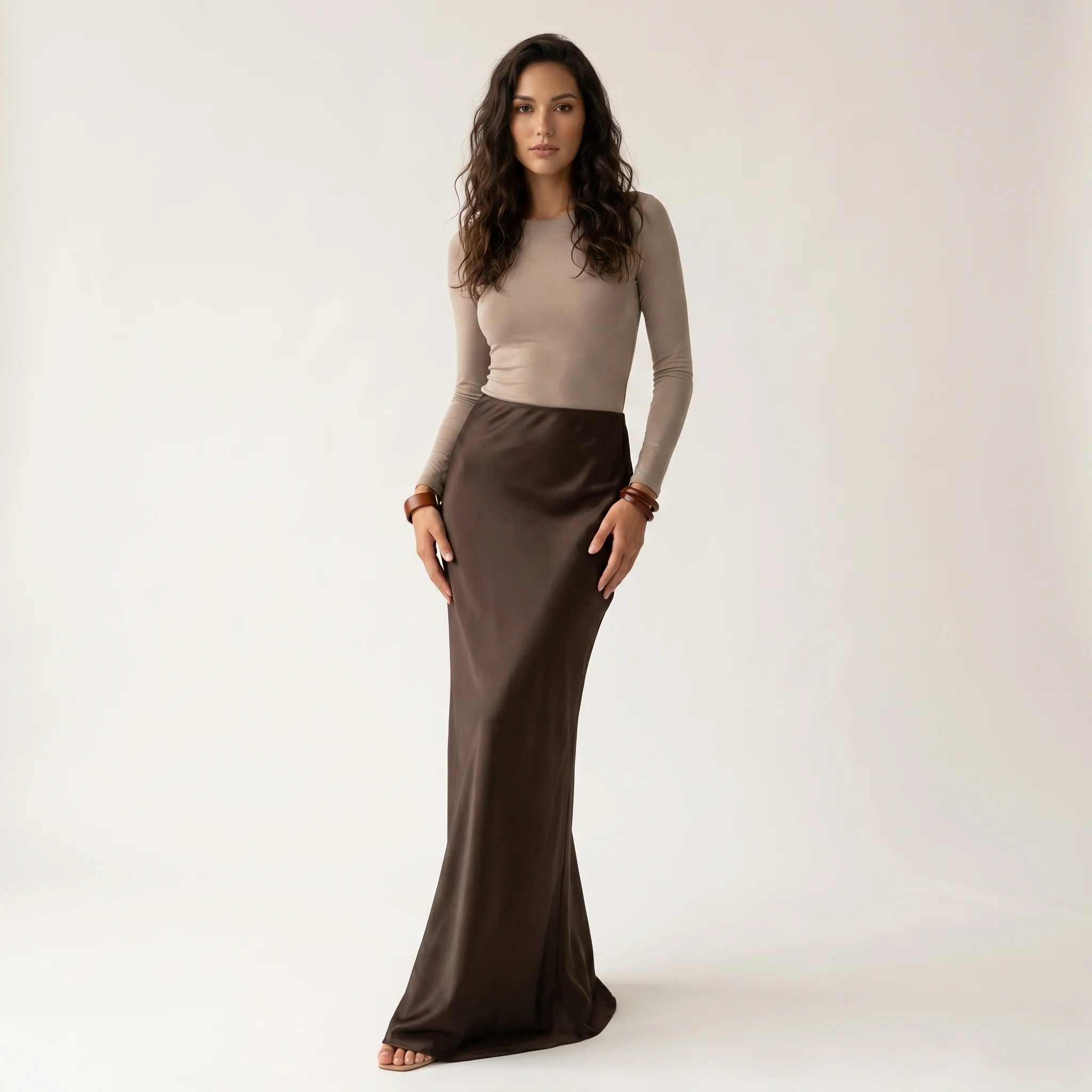Women’s Chocolate Satin Maxi Skirt – Elegant High Waist Floor-Length Skirt-Skirts-CAMOUFIT-Brown-S-Sienarae