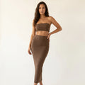 Women’s Strapless Two Piece Maxi Skirt Set – Elegant Tube Top Co-Ord Outfit-Two piece sets-SIENARAE-Brown-XS-Sienarae