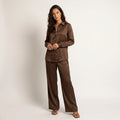 Women’s Satin Two-Piece Set – Button Shirt & Wide-Leg Trousers-Two piece sets-SIENARAE-Brown-S-Sienarae