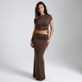 Women’s Off-Shoulder Ruched Maxi Skirt Set – Elegant Two Piece Co-Ord Outfit-Two piece sets-SIENARAE-Brown-S-Sienarae