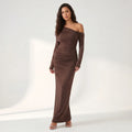 Women’s Chocolate One-Shoulder Maxi Dress – Ruched Long Sleeve Evening Gown-Dresses-SIENARAE-Brown-XS-Sienarae
