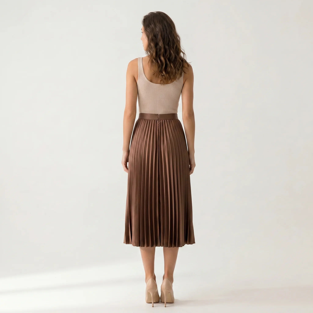 Women’s Chocolate Brown Pleated Midi Skirt – Elegant High Waist Flowing Skirt-Skirts-SIENARAE-Brown-XS-Sienarae