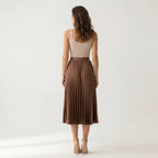 Women’s Chocolate Brown Pleated Midi Skirt – Elegant High Waist Flowing Skirt-Skirts-SIENARAE-Brown-XS-Sienarae