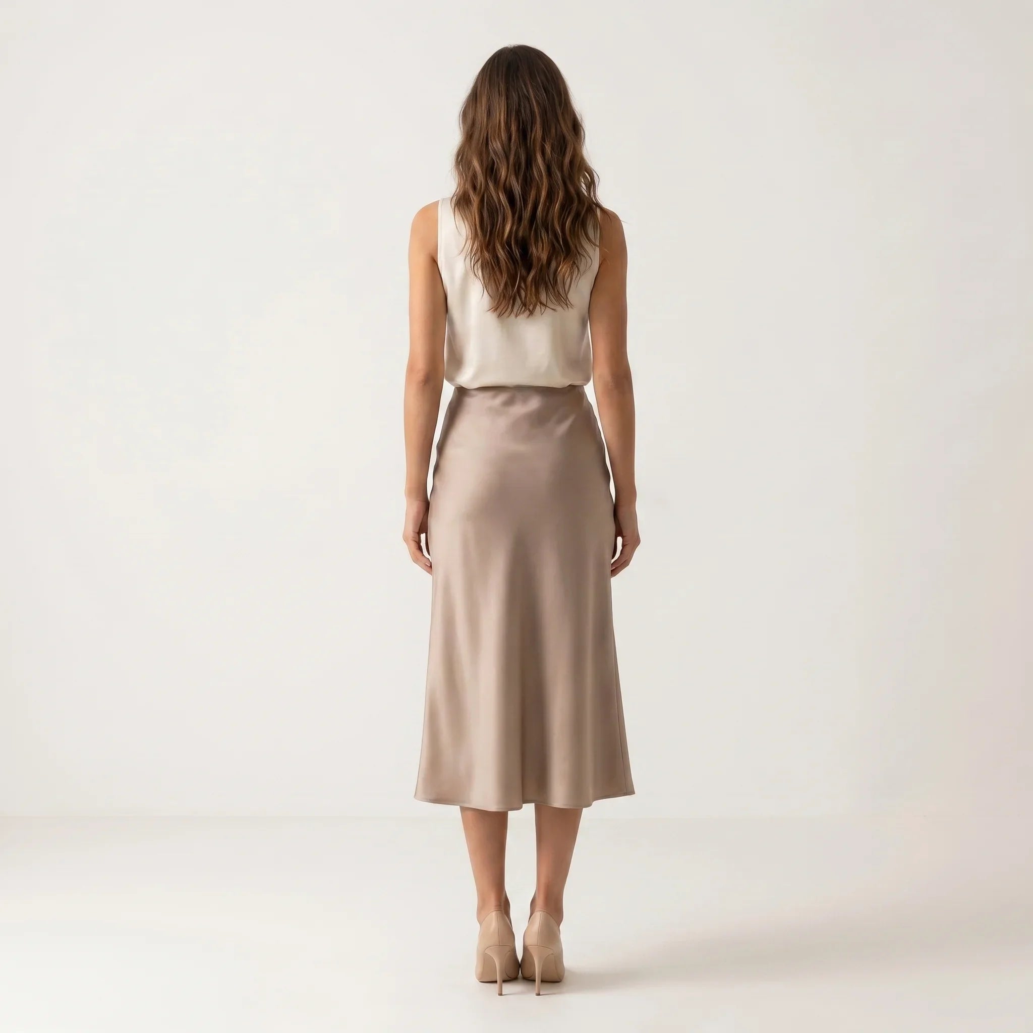 Women’s Khaki Satin Midi Skirt – Elegant High Waist Silk-Look Slip Skirt-Skirts-SIENARAE-Khaki-XS-Sienarae