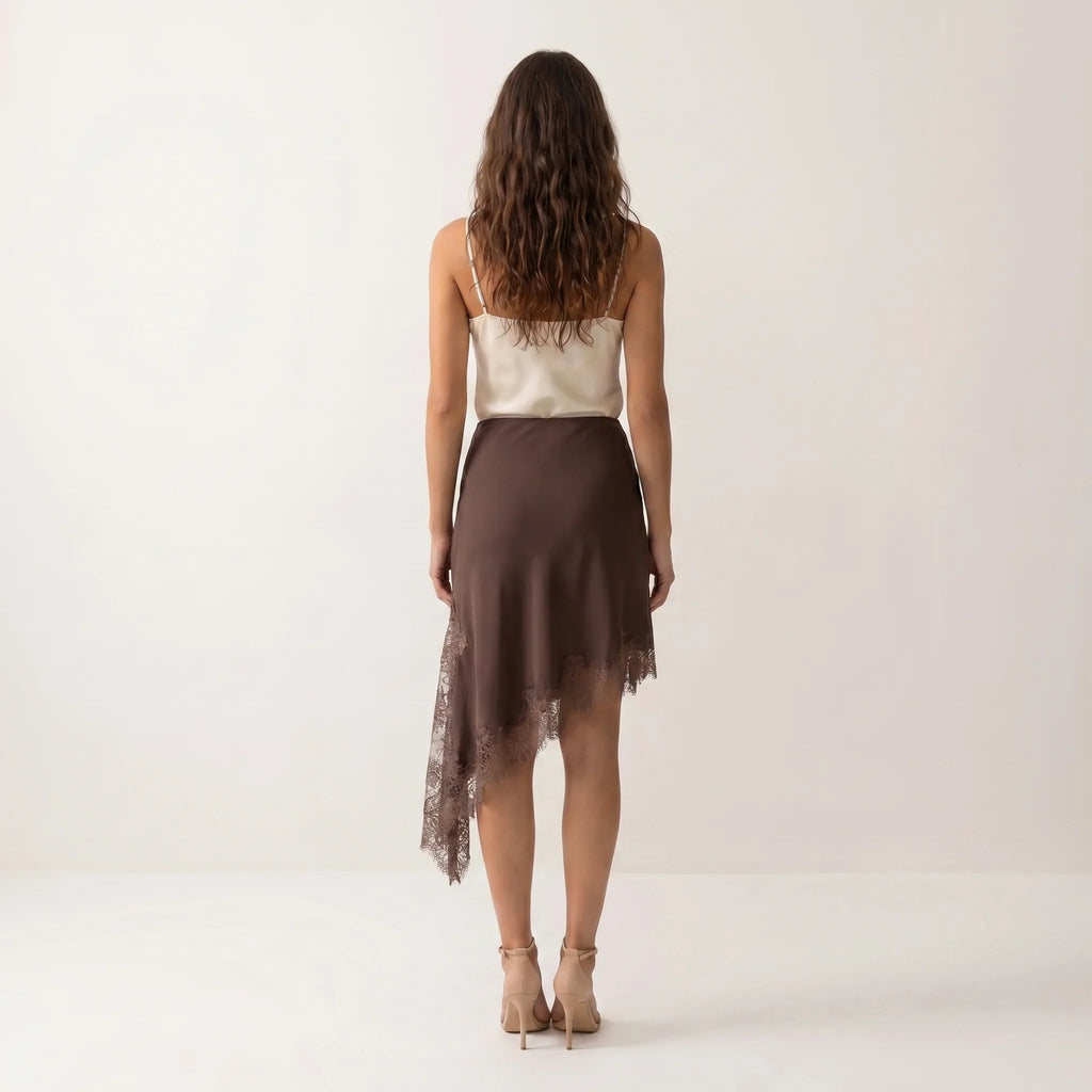 Women’s Lace Trim Mini Skirt – Asymmetrical High-Waist Skirt-Skirts-SIENARAE-Brown-XS-Sienarae