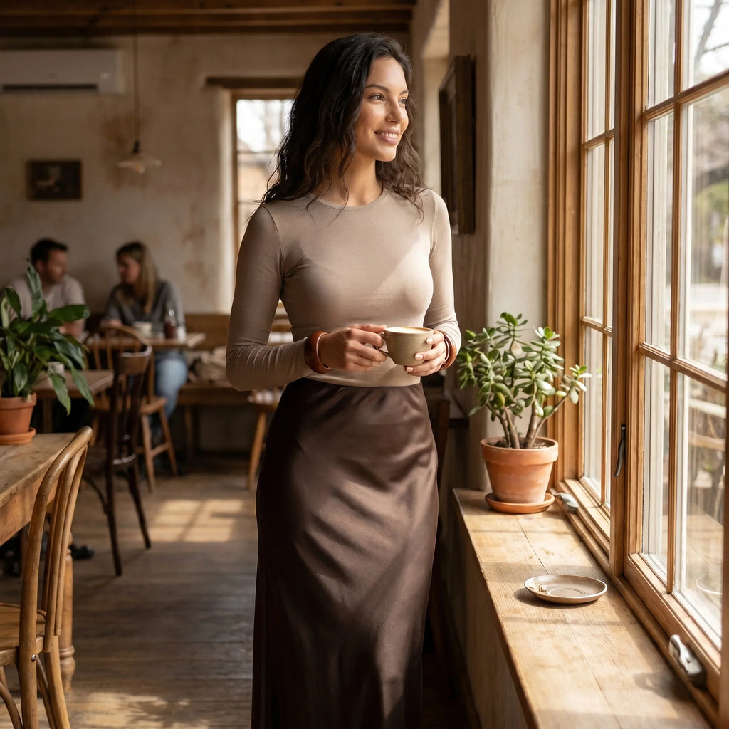 Women’s Chocolate Satin Maxi Skirt – Elegant High Waist Floor-Length Skirt-Skirts-SIENARAE-Brown-S-Sienarae